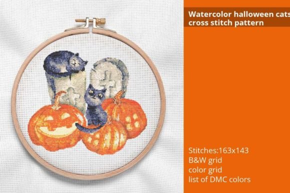 Watercolor Halloween Cats Cross Stitch
