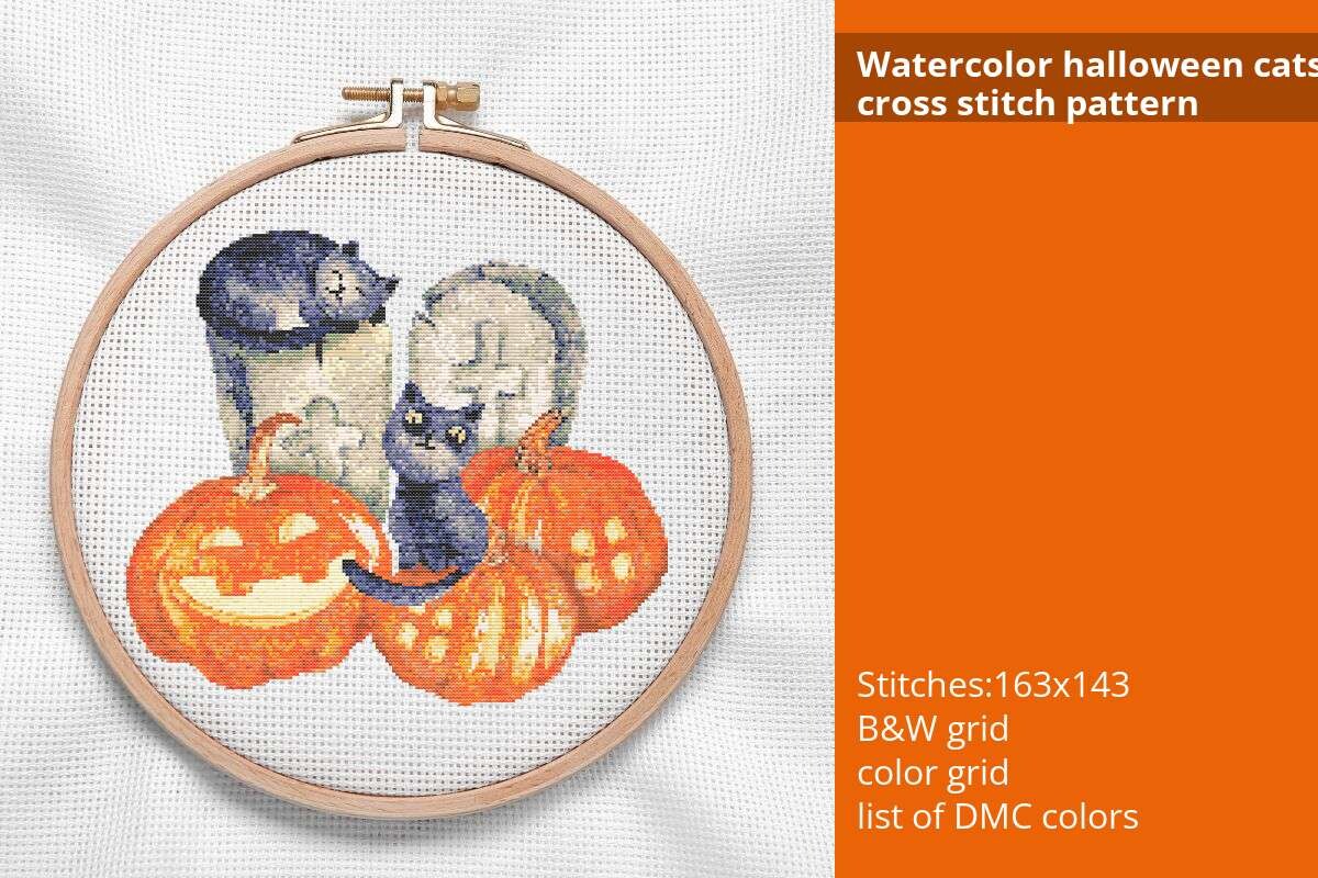 Watercolor Halloween Cats Cross Stitch