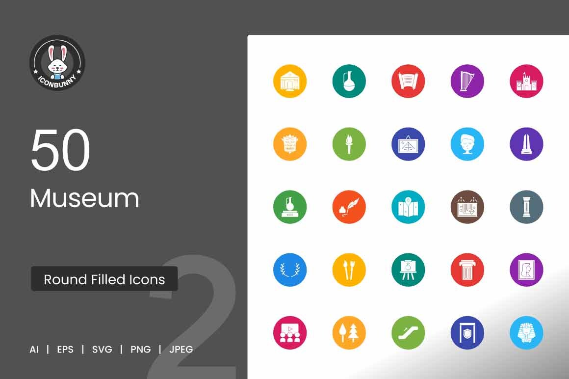 50 Museum Flat Round Icons Graphic by IconBunny · Creative Fabrica
