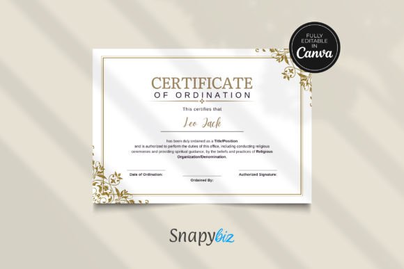 Ordination Certificate Canva Template