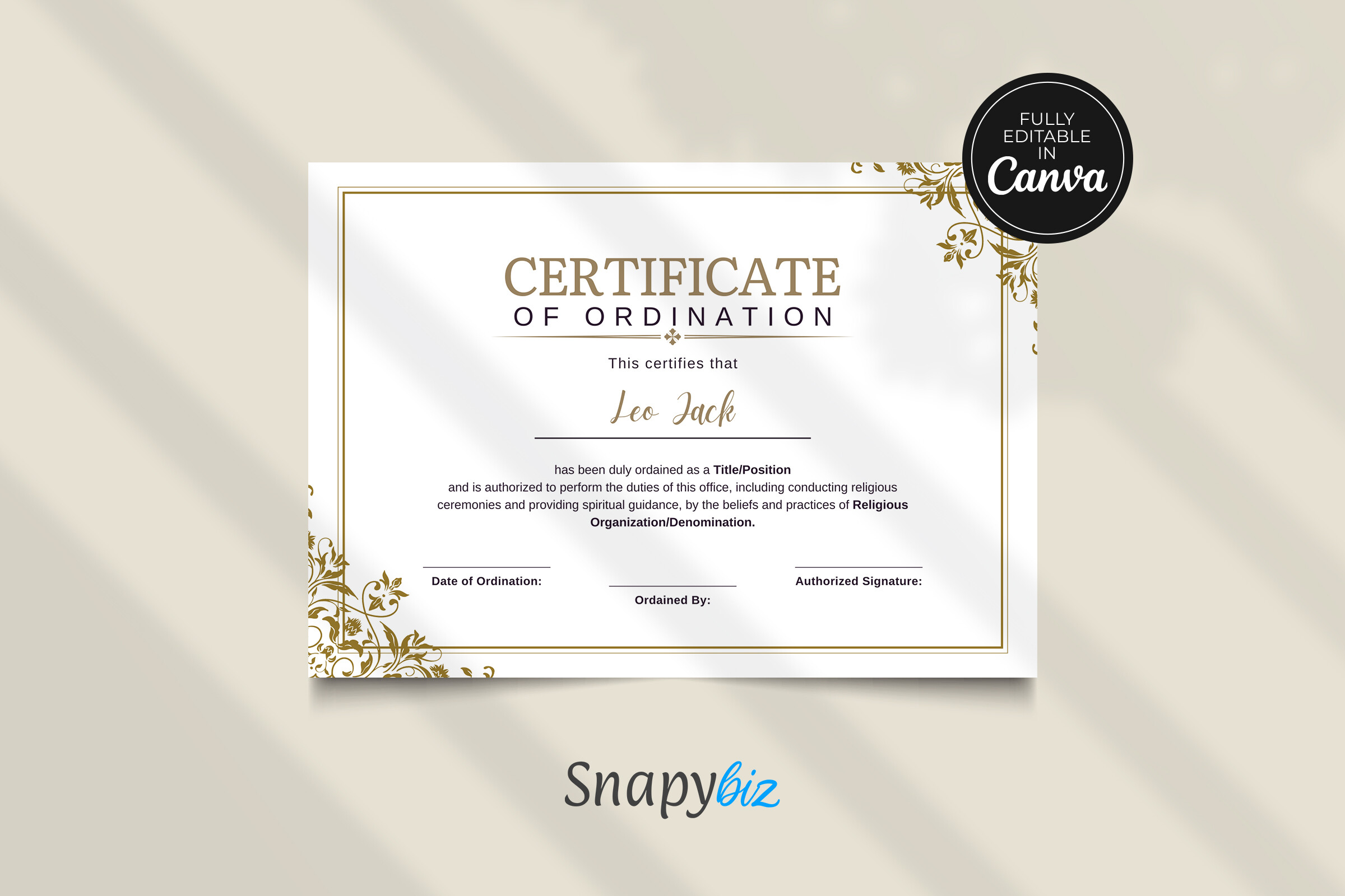 Ordination Certificate Canva Template