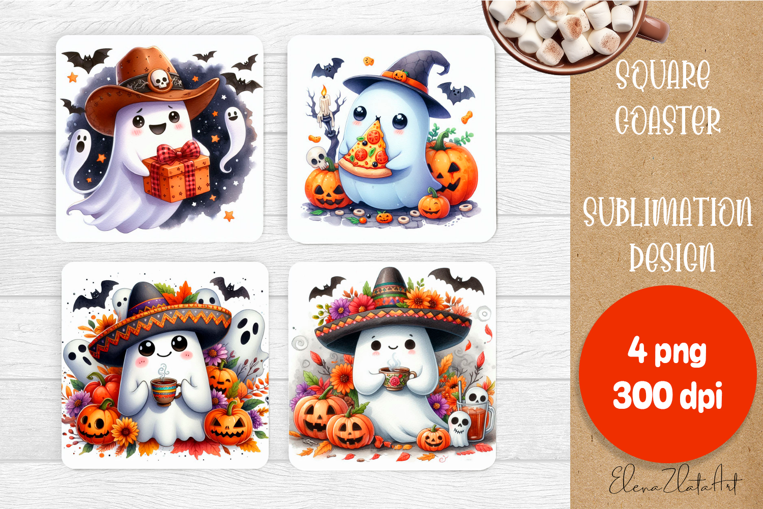 Ghost Halloween Sublimation Coaster Graphic by ElenaZlataArt · Creative ...