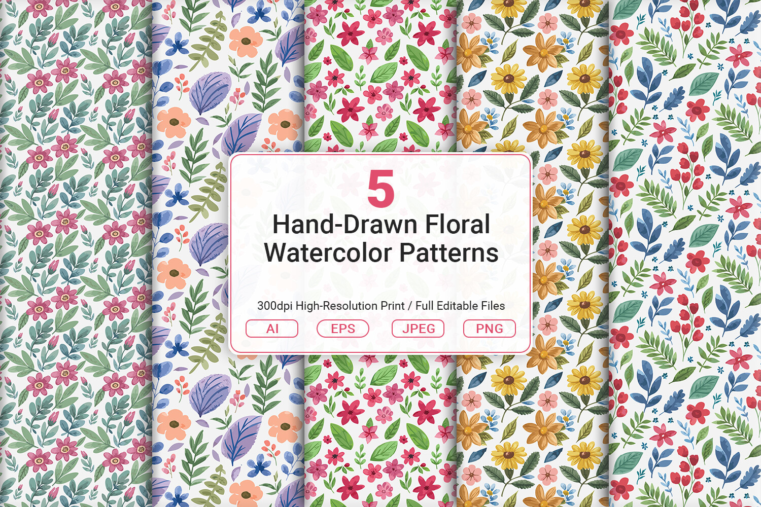 Hand-Drawn Floral Watercolor Patterns Graphic by JUNDI · Creative Fabrica