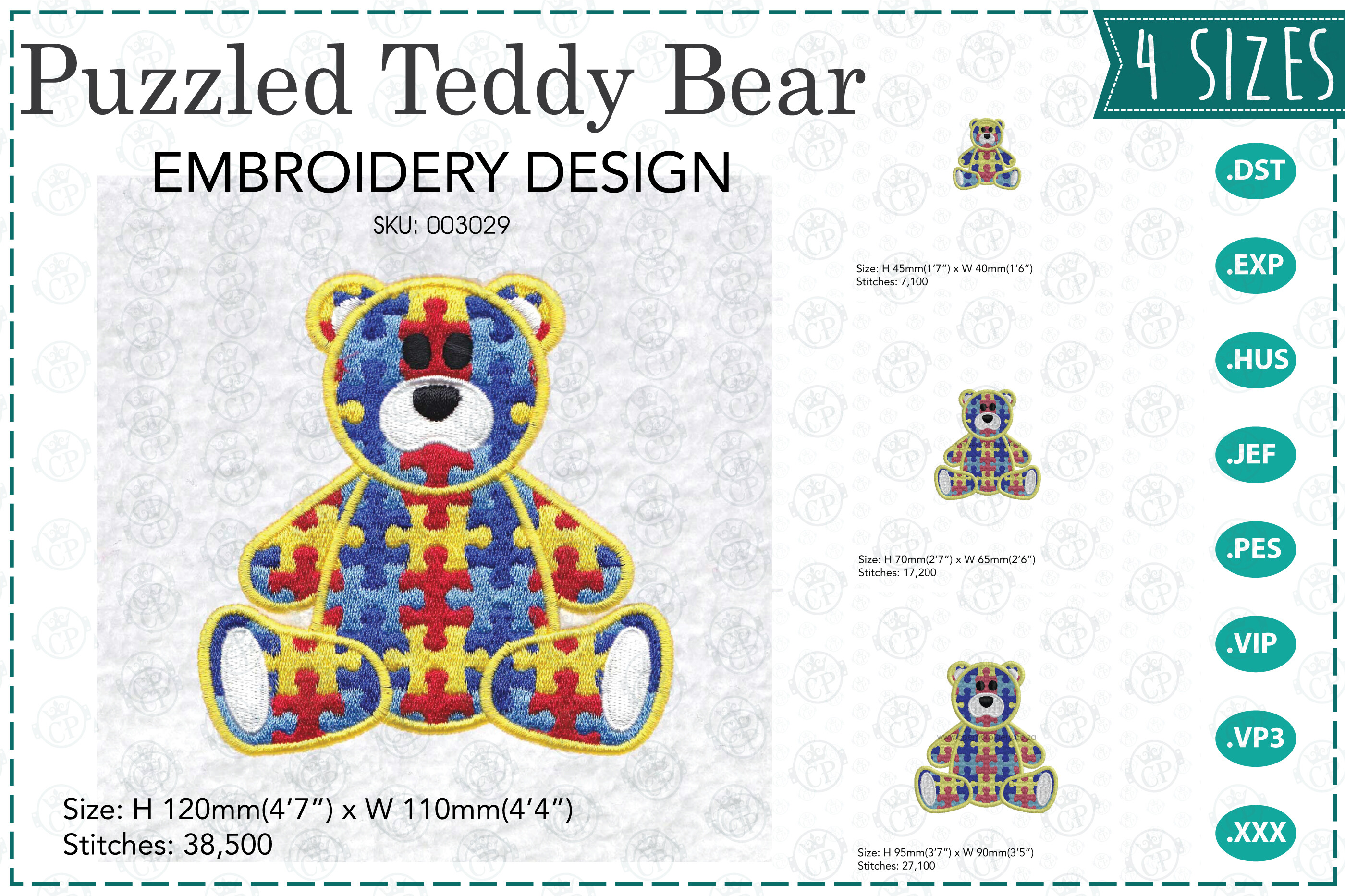 Puzzled Teddy Bear Embroidery Design