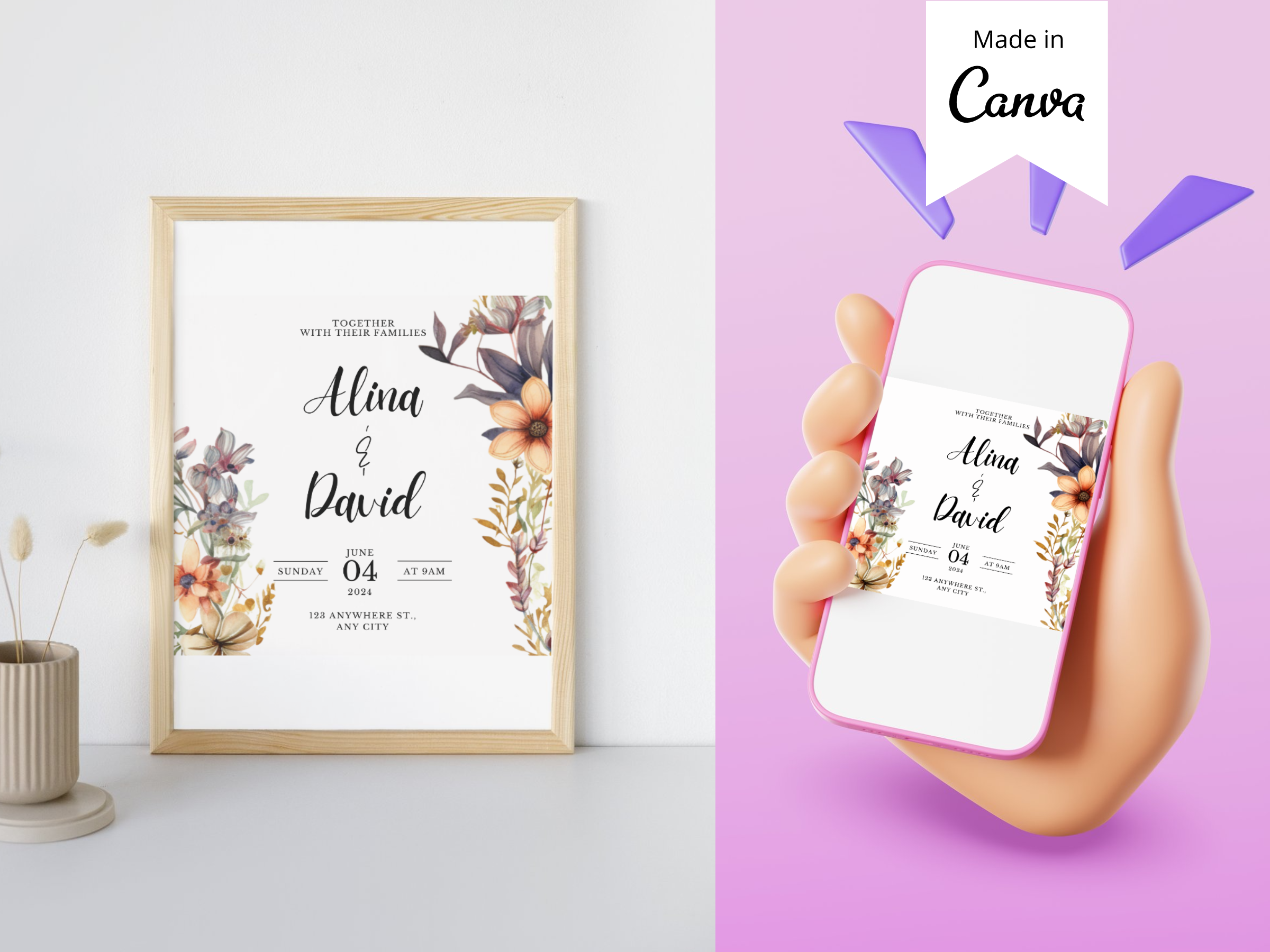 Flower Wedding Invitation Template Canva