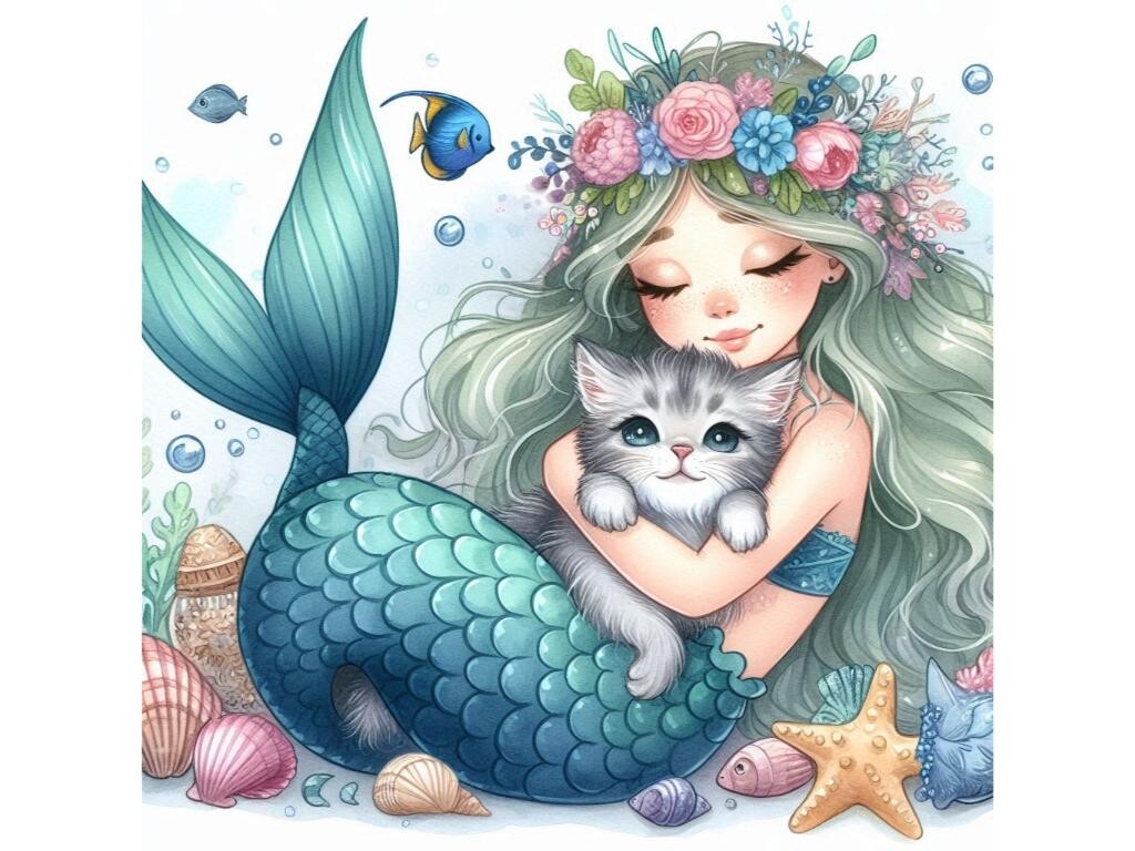Mermaid Cuddling a Sea Kitten Graphic by kulturrno · Creative Fabrica