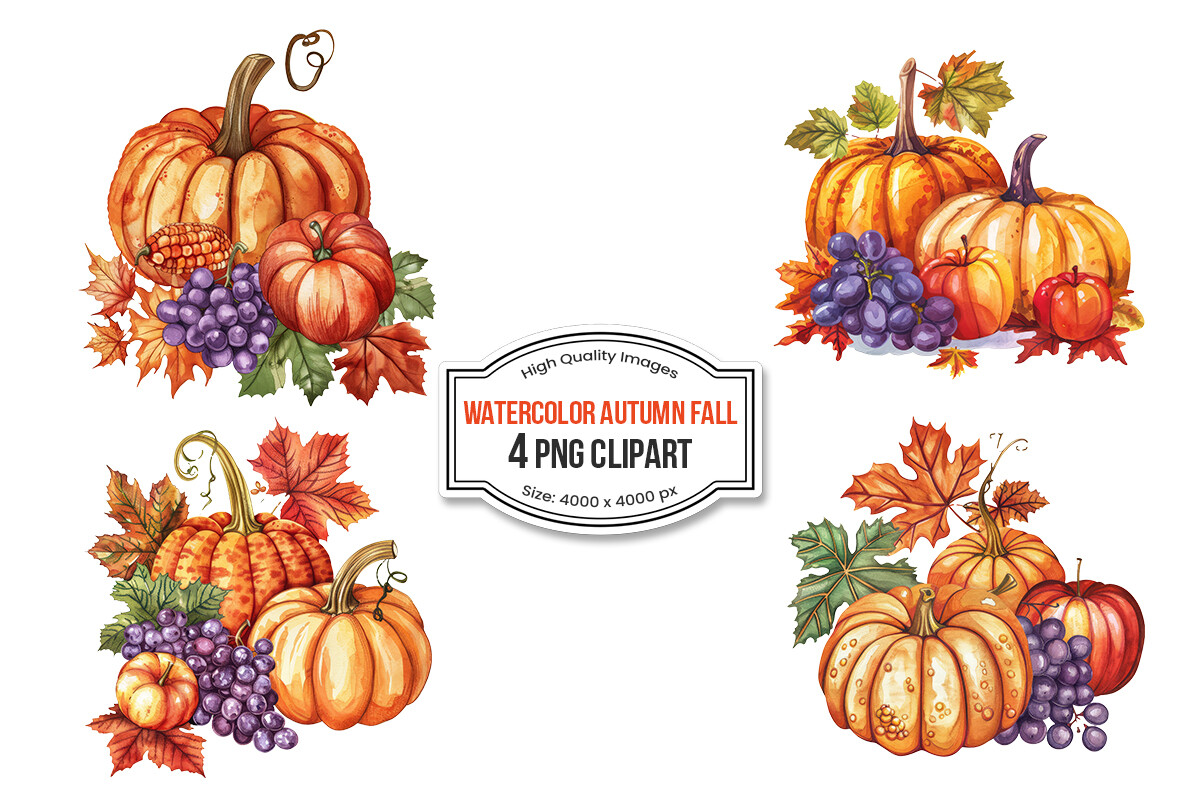 Watercolor Autumn Pumpkin Clipart Set Graphic by pixeness · Creative ...