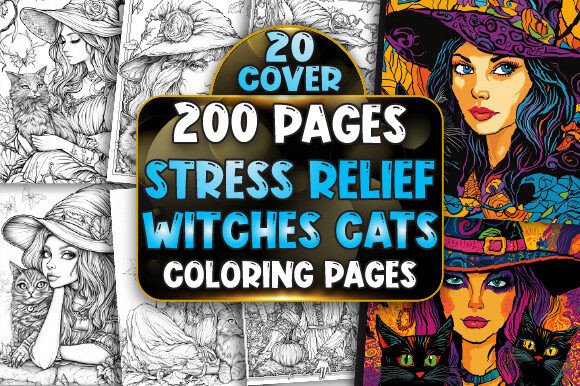 200 Halloween Witch Cats Coloring Pages