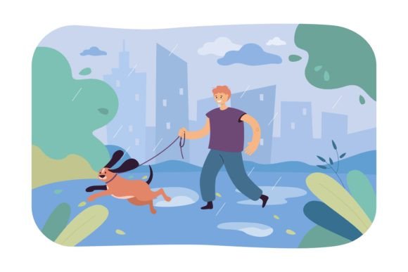 Cheerful Boy Running with Dog Under Rain Graphic Illustrations By pch.vector