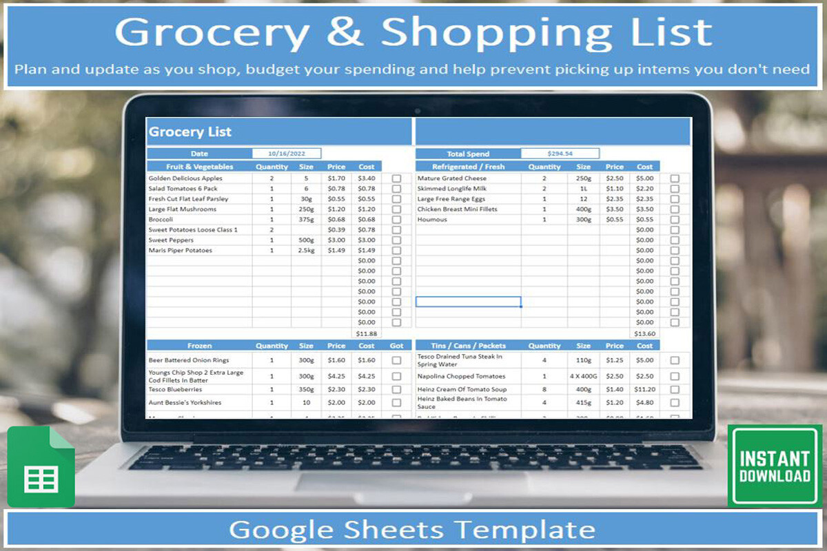 Editable Grocery List I Google Sheets
