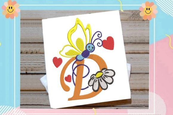 Butterfly D Letter Monogram Monogramas Design de Bordado Por Sewing Embroidery