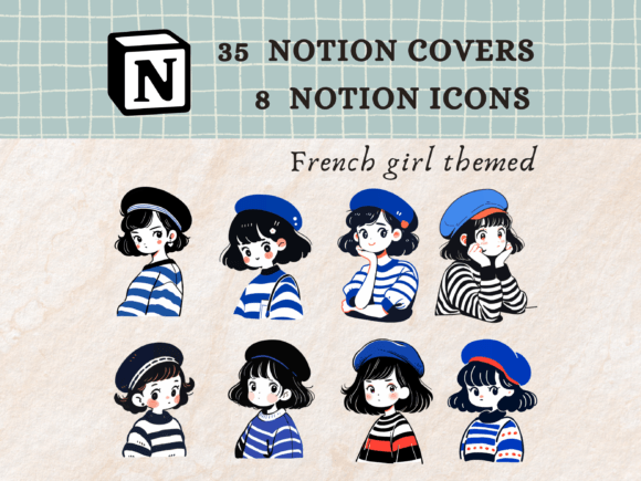 French Girl Notion Icons, Notion Covers