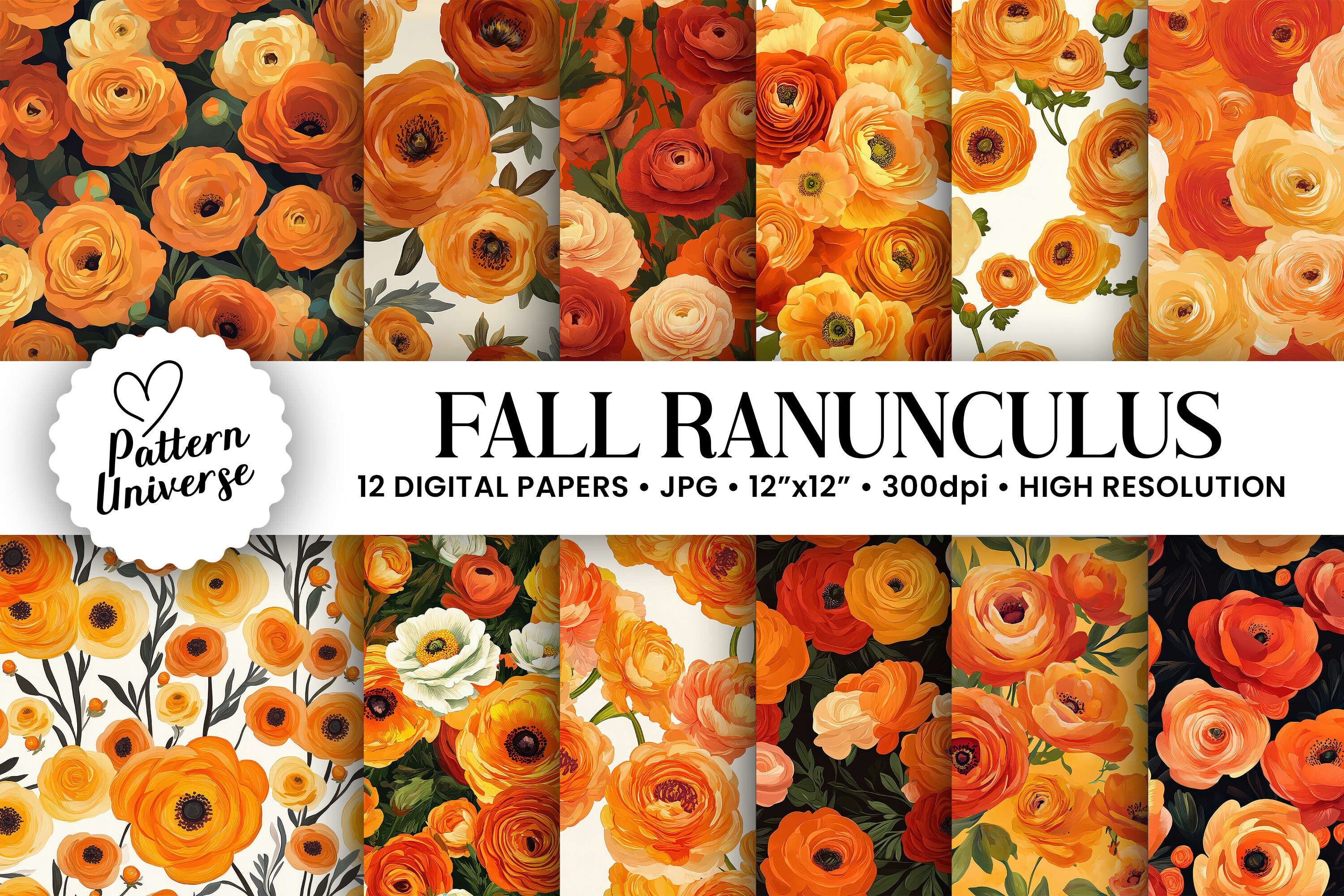 Fall Ranunculus Floral Digital Papers Graphic by Pattern Universe ...