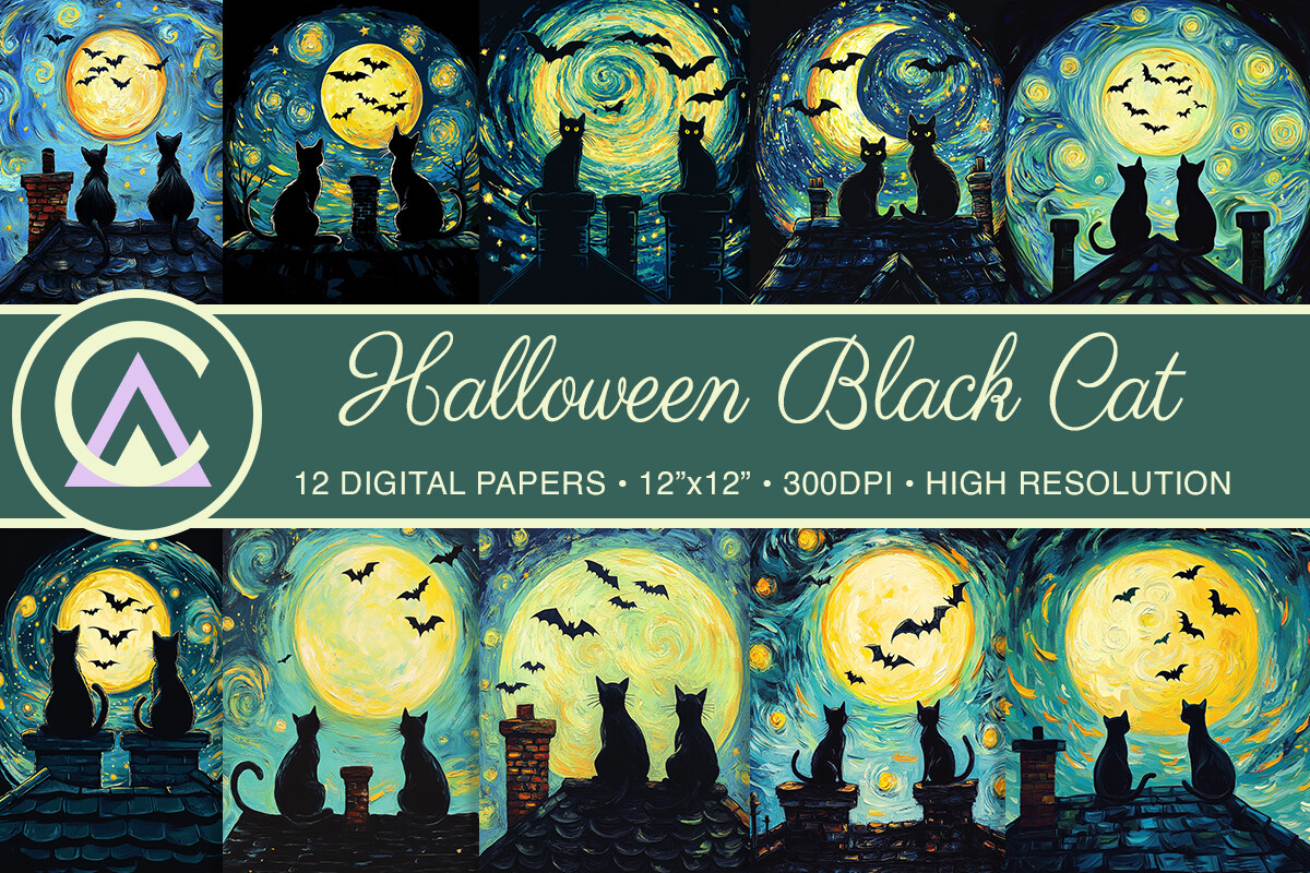 Halloween Black Cat Moon Digital Papers Graphic by ArtCursor · Creative ...
