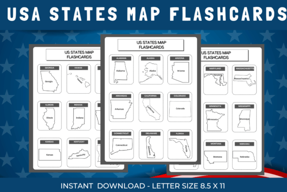 50 USA States Map Flashcards