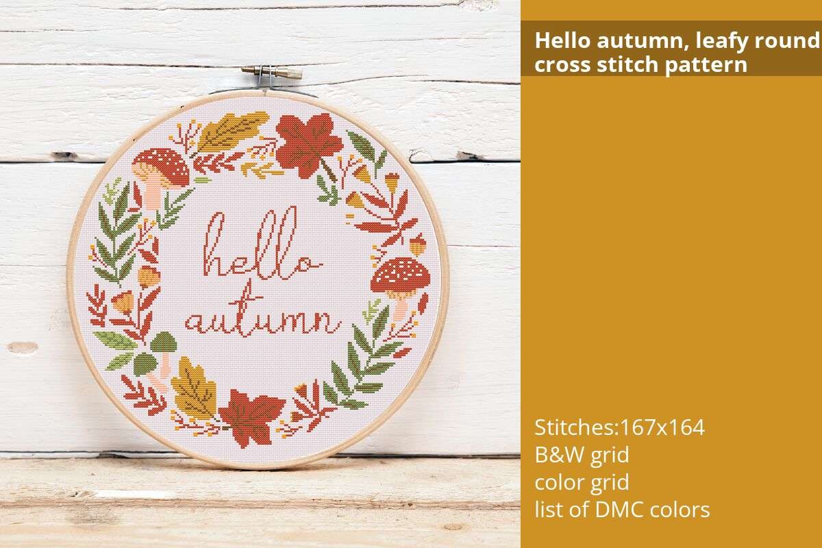 Hello Autumn, Leafy Frame Cross Stitch