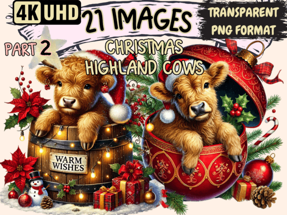 Christmas Highland Cows Clipart P2 Graphic Illustrations By Wonders Artist