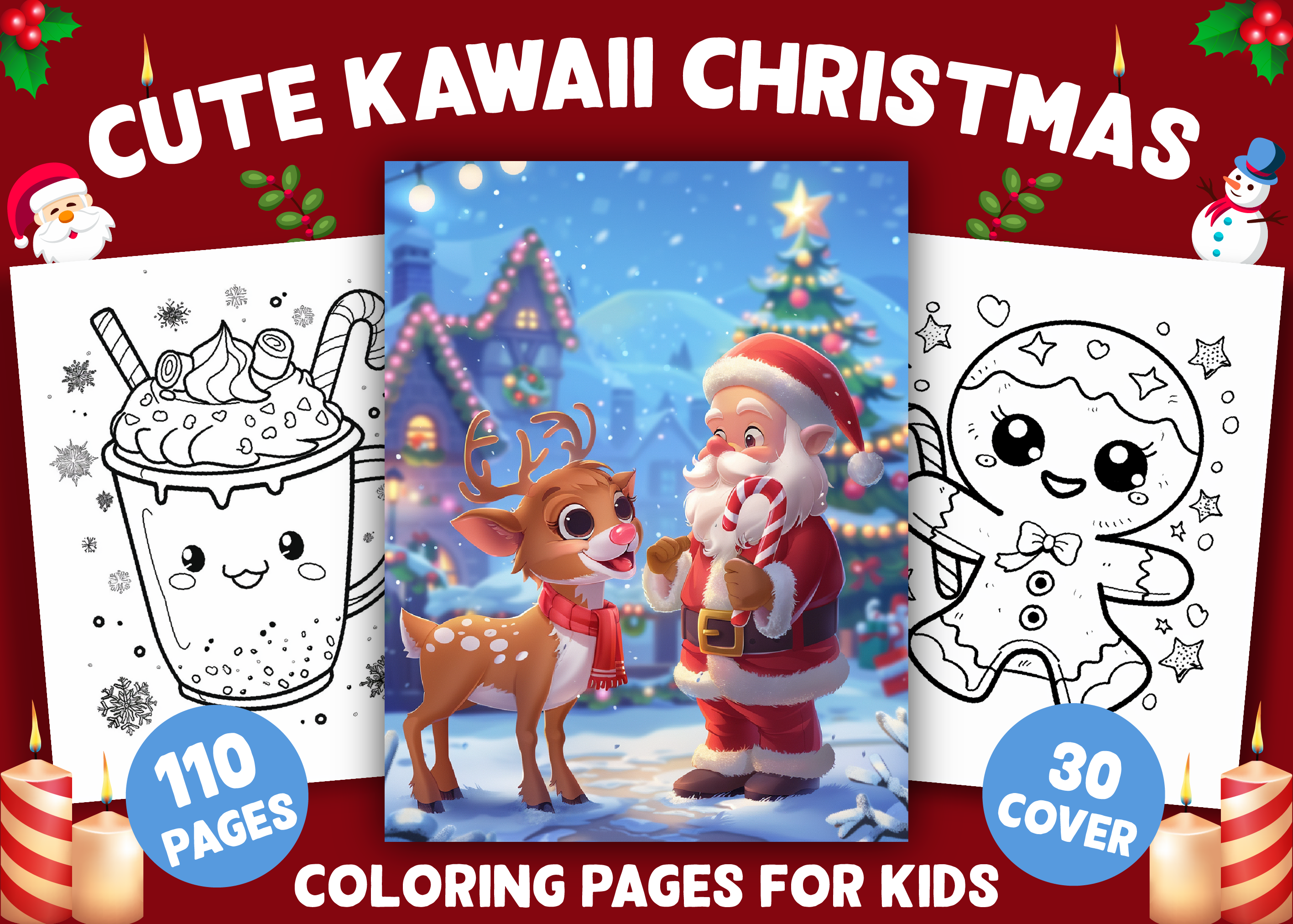 Cute Kawaii Christmas Coloring Pages Graphic by Design Station ...