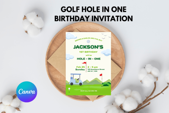Hole in one first birthday invitation design with a golf theme