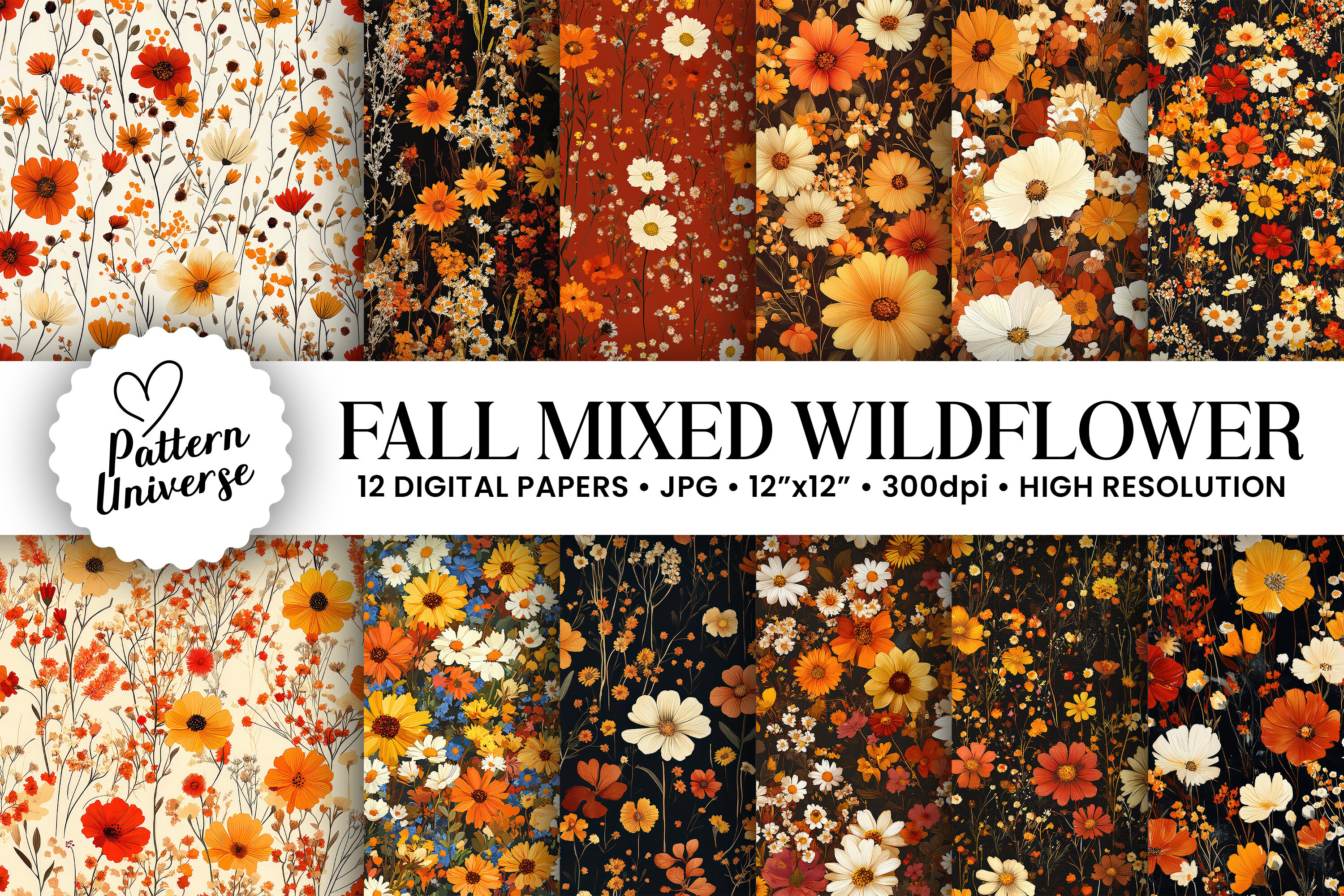 Fall Mixed Wildflowers Digital Papers Graphic by Pattern Universe ...