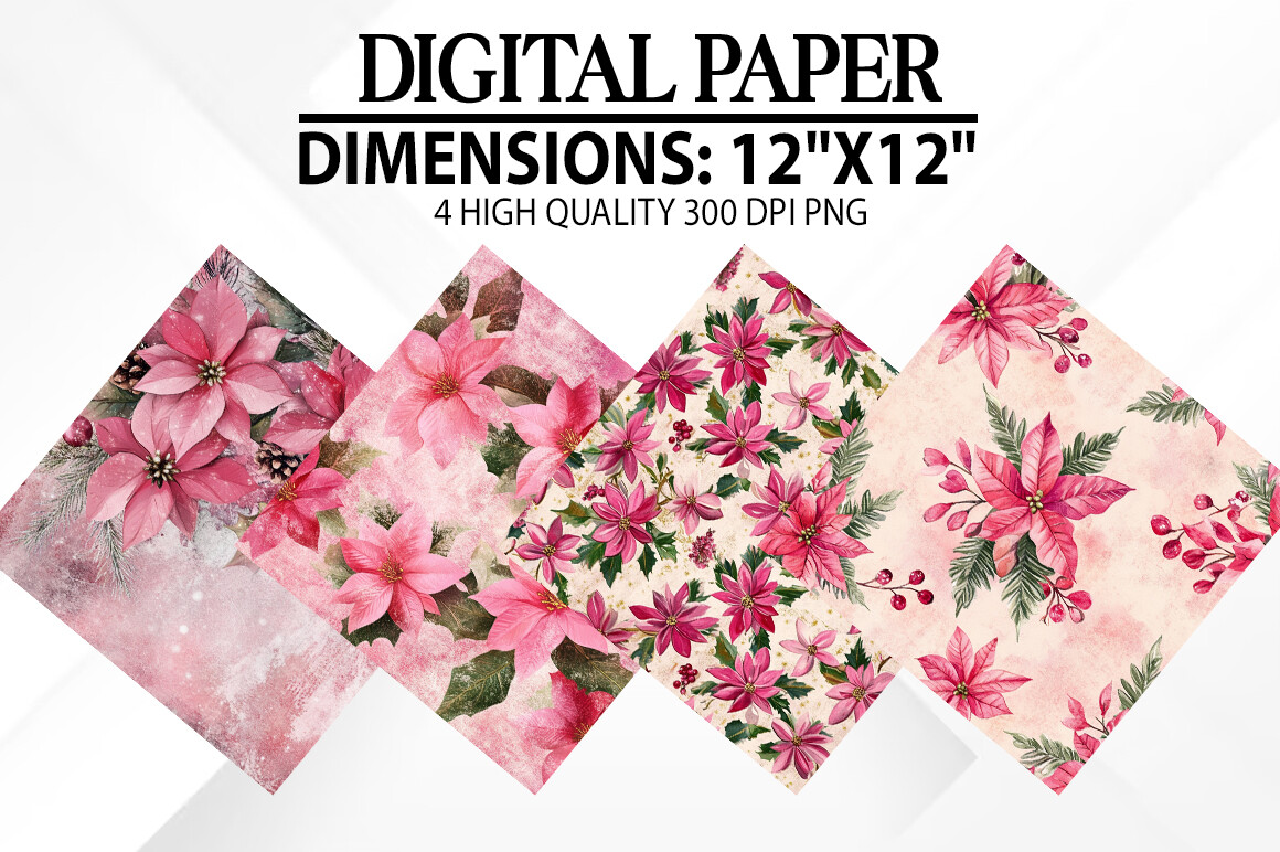 Pink Flowers Christmas Digital Papers Graphic by fokira · Creative Fabrica