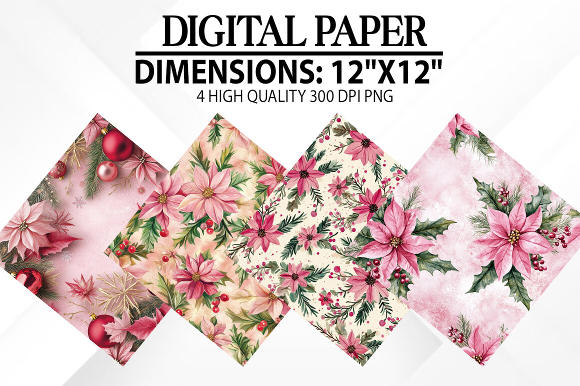 Pink Flowers Christmas Digital Papers Graphic by fokira · Creative Fabrica