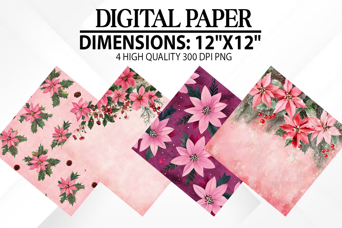 Pink Flowers Christmas Digital Papers Graphic by fokira · Creative Fabrica
