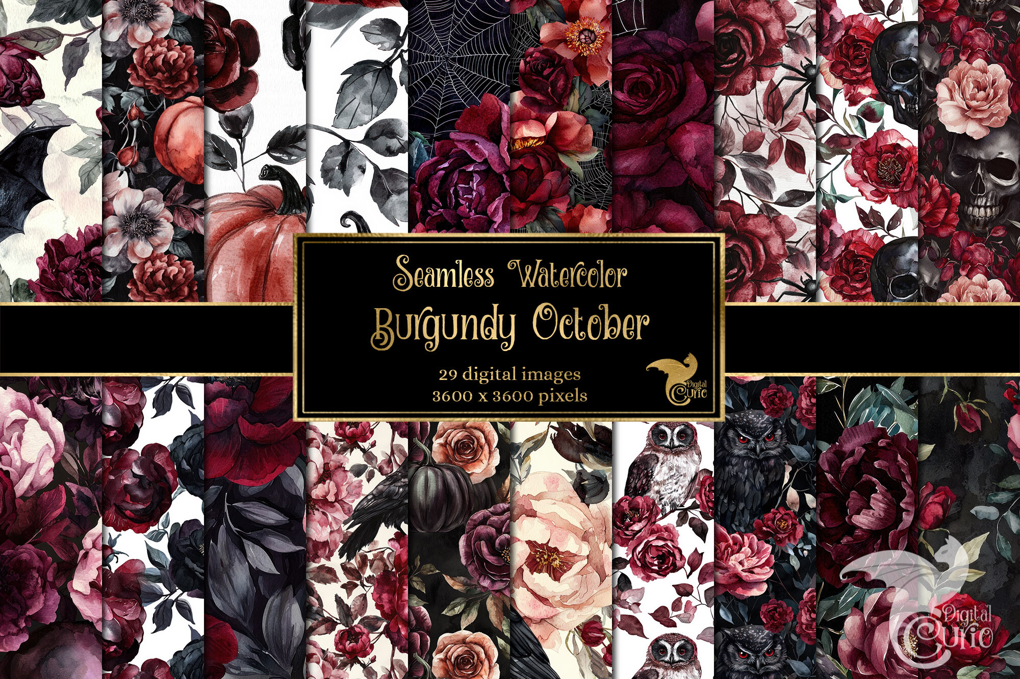 Octobe Rpatterns Watercolor Burgundy October Patterns Graphic by Digital Curio ...