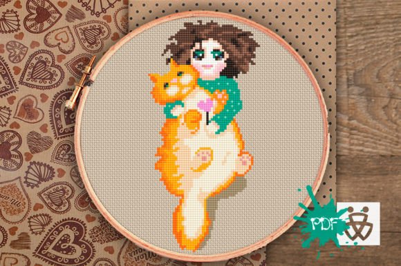 Cat and Child Cross Stitch Pattern PDF
