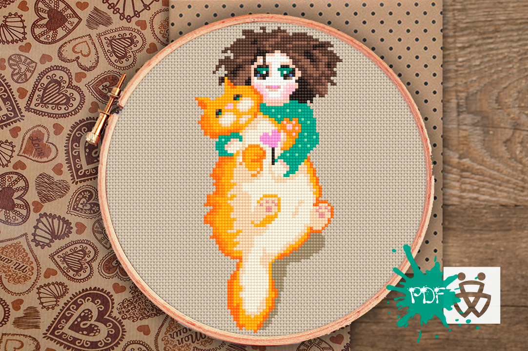 Cat and Child Cross Stitch Pattern PDF