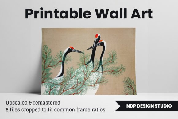 Three Cranes with Pine Tree Art Grafika Ilustracje do Druku Przez NDP Design Studio