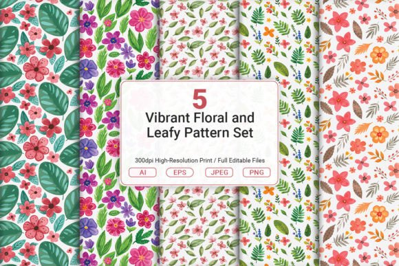 Vibrant Floral and Leafy Pattern Set Graphic by JUNDI · Creative Fabrica