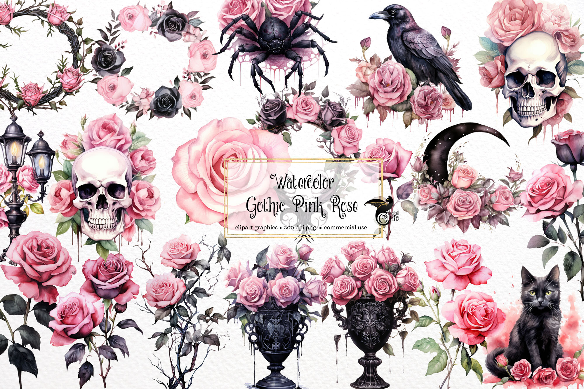 Watercolor Pink Gothic Roses Graphic by Digital Curio · Creative Fabrica