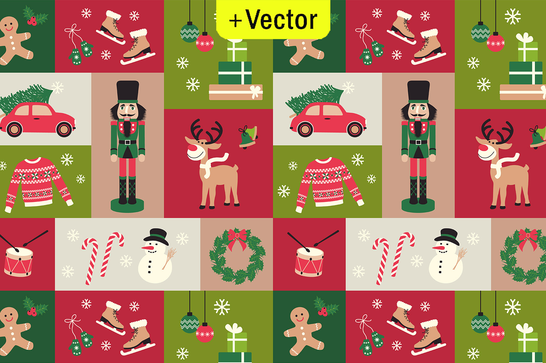 Retro Christmas Icons Checker Pattern