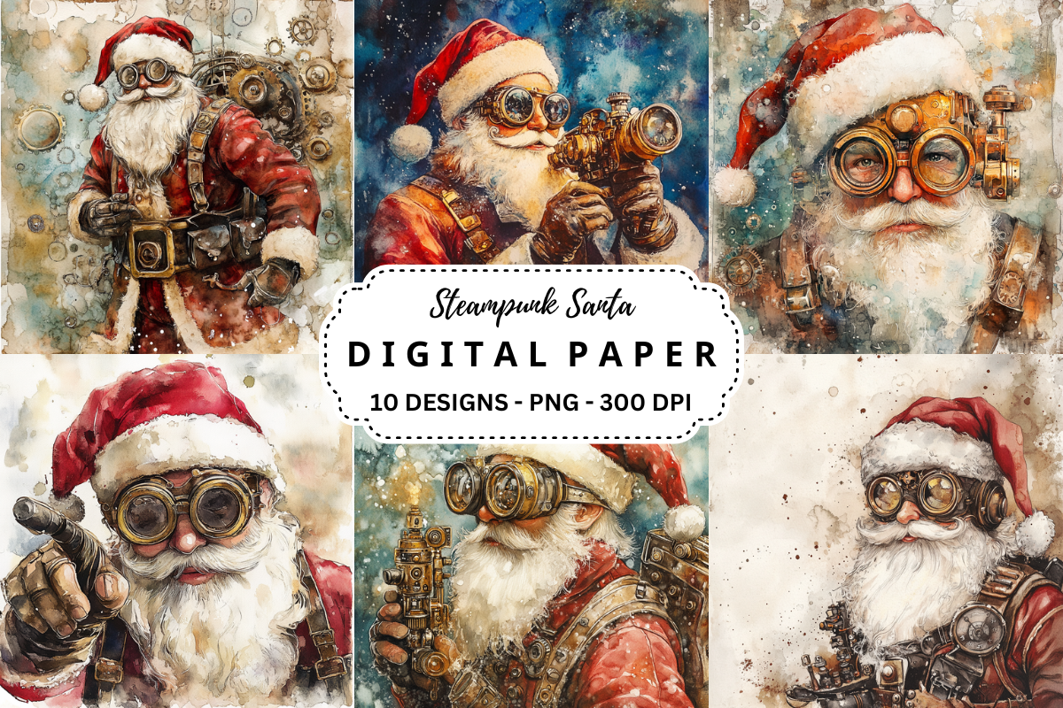Watercolor Steampunk Santa Background Graphic by pcudesigns · Creative ...
