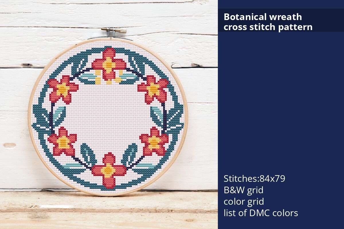 Botanical Wreath Cross Stitch Pattern,