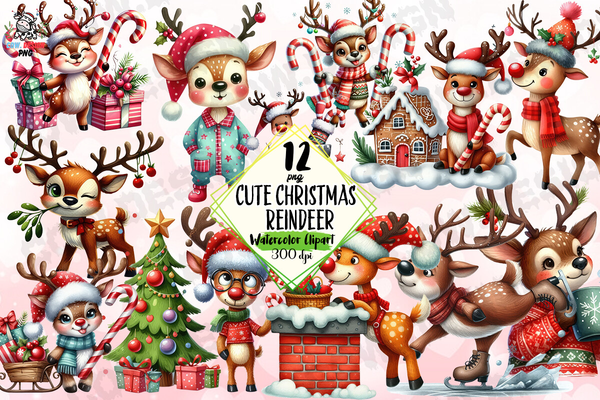 Cute Christmas Reindeer Clipart PNG Graphic by COW.design · Creative ...