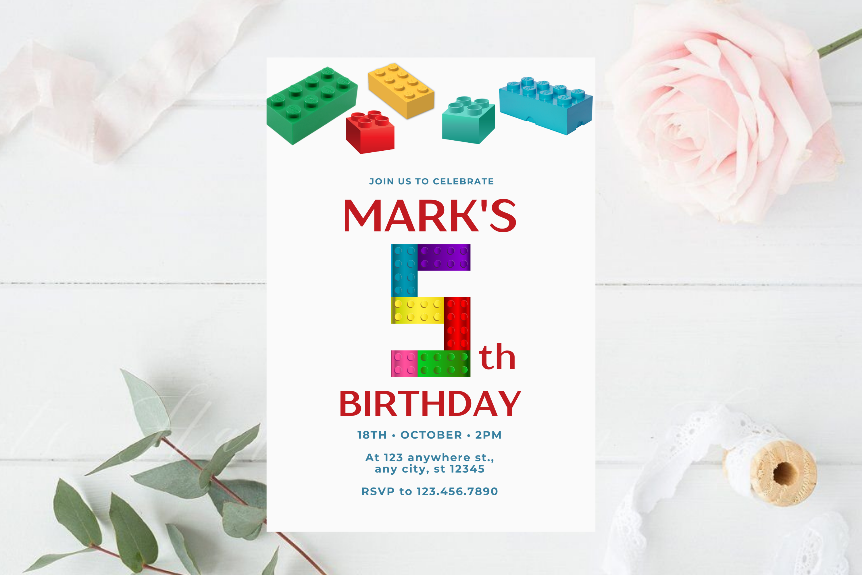Building Blocks LEGO 5th Birthday Invite