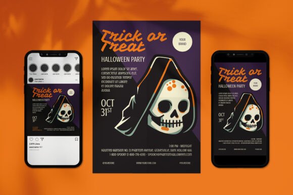 Halloween party poster and social media template with cartoon Grim Reaper