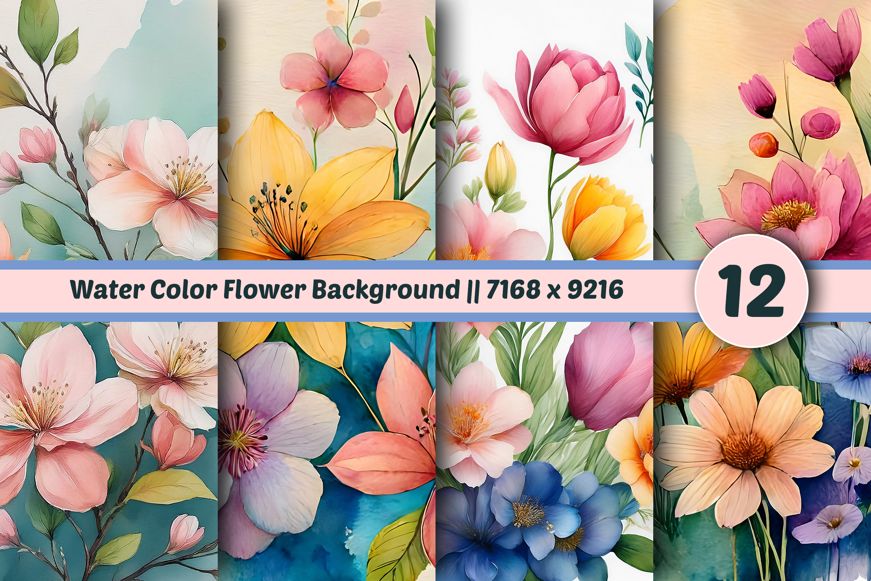Water Color Flower Background || 12 Set Graphic by shadoweeekhan ...