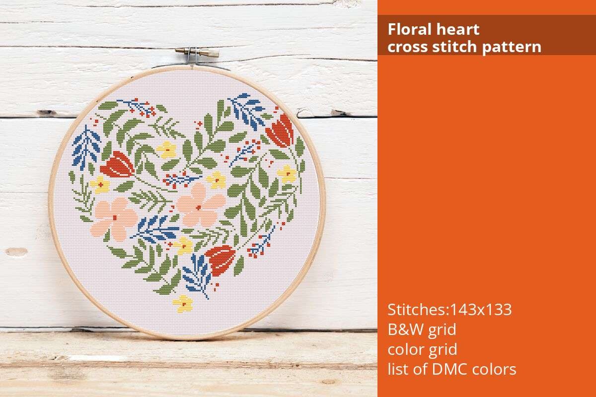 Floral Heart Cross Stitch Pattern