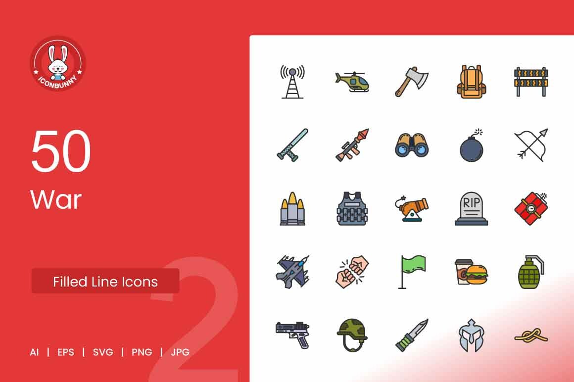 50 War Filled Line Icons