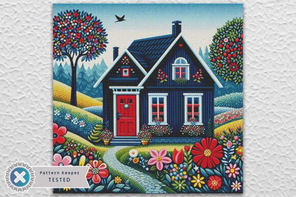 Floral Folk House Cross Stitch Pattern