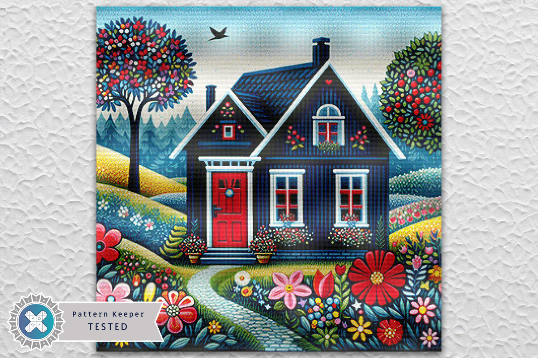 Floral Folk House Cross Stitch Pattern