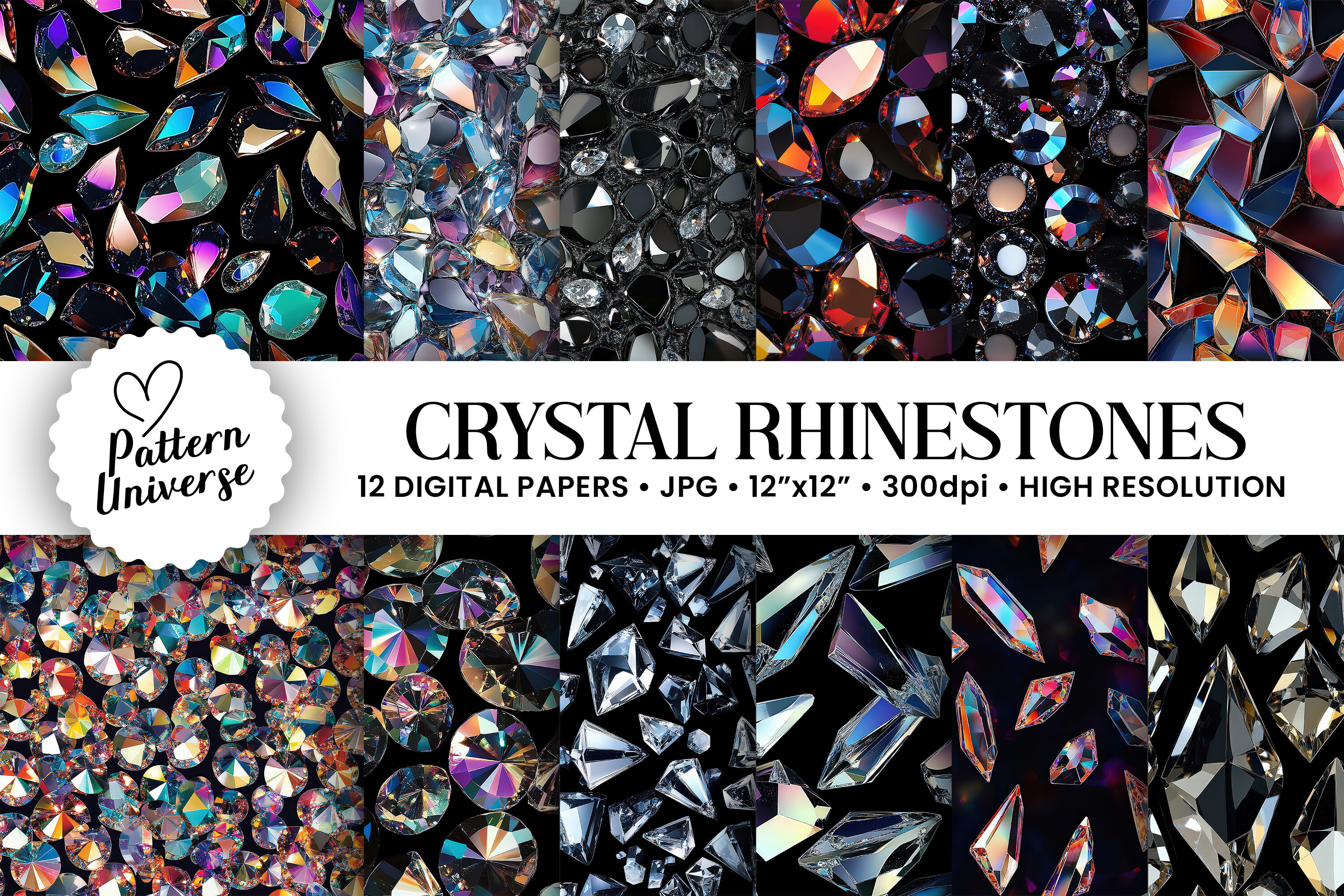 Glass Crystal Rhinestones Digital Papers Graphic by Pattern Universe ...