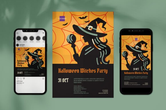 Halloween poster and social media template with elegant witch silhouette