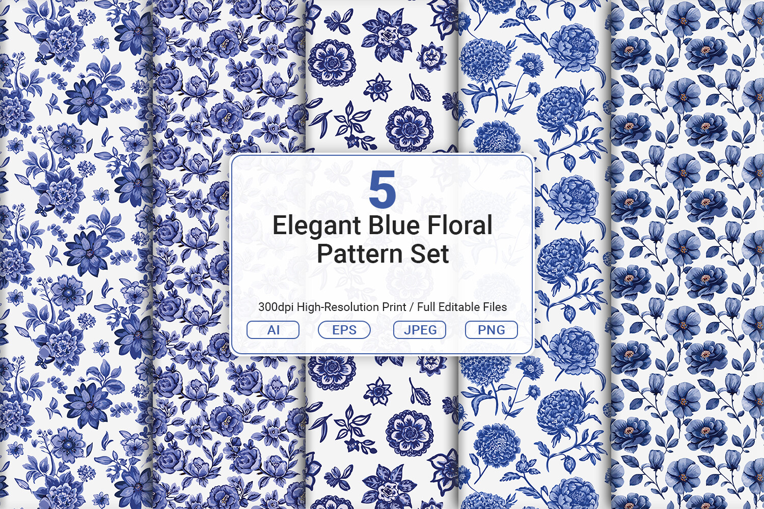 Elegant Blue Floral Pattern Set Graphic by JUNDI · Creative Fabrica