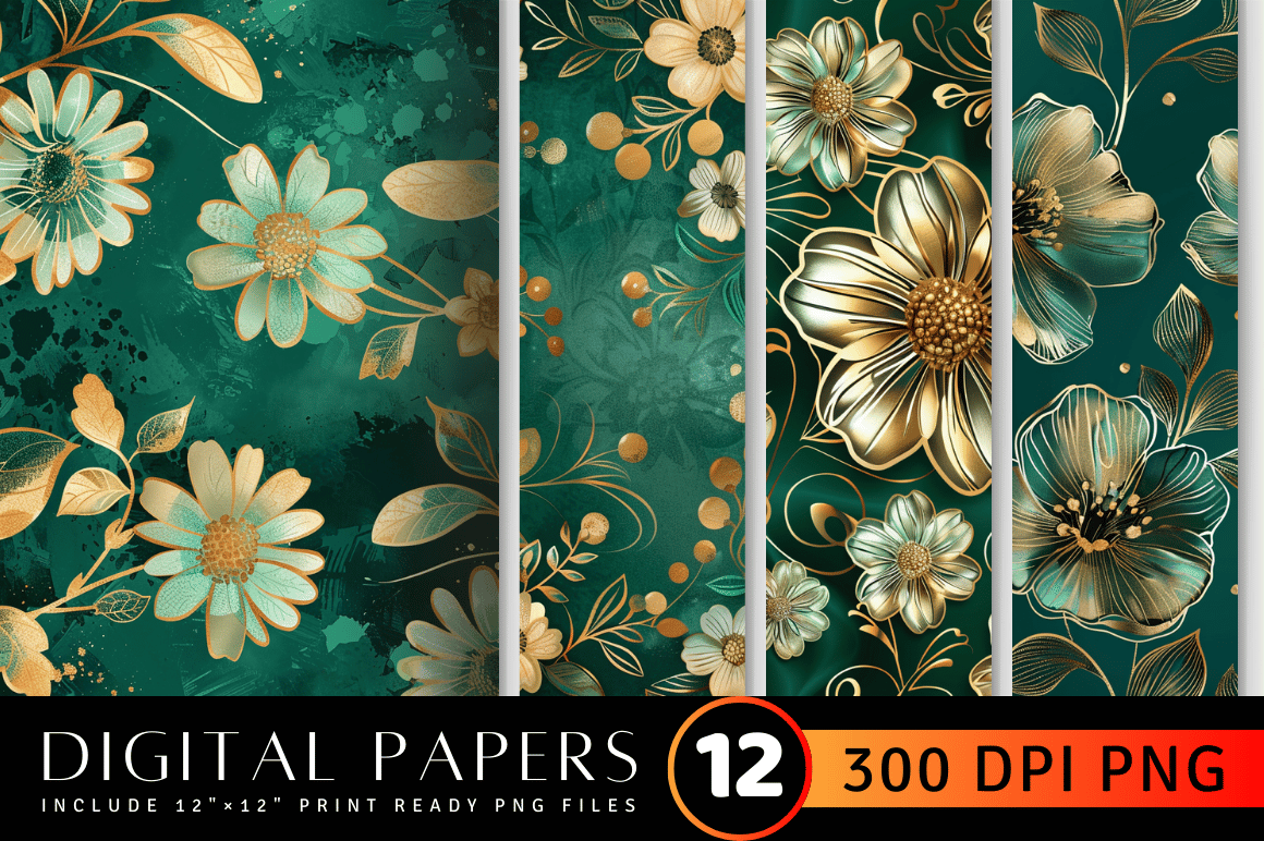 Emerald Gold Flowers Digital Paper Graphic by CraftyCakes · Creative ...