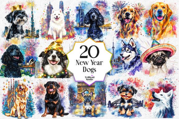 new year celebration dogs watercolor png sublimation tumbler HTV tee NYE party gift