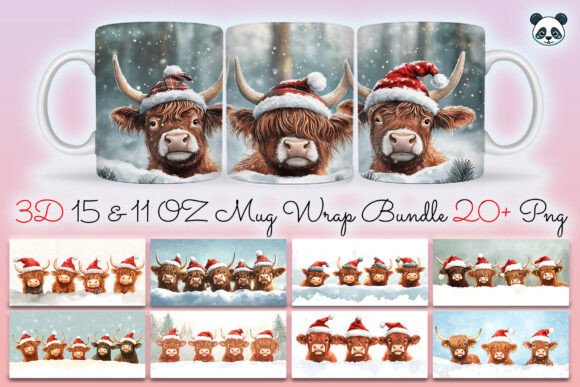 Christmas Highland Cows Mug Wrap Bundle Graphics